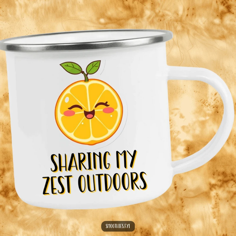 Funny camping mug featuring a cheerful tangerine winking as it splits in half, perfect for outdoor enthusiasts who love citrus humor.