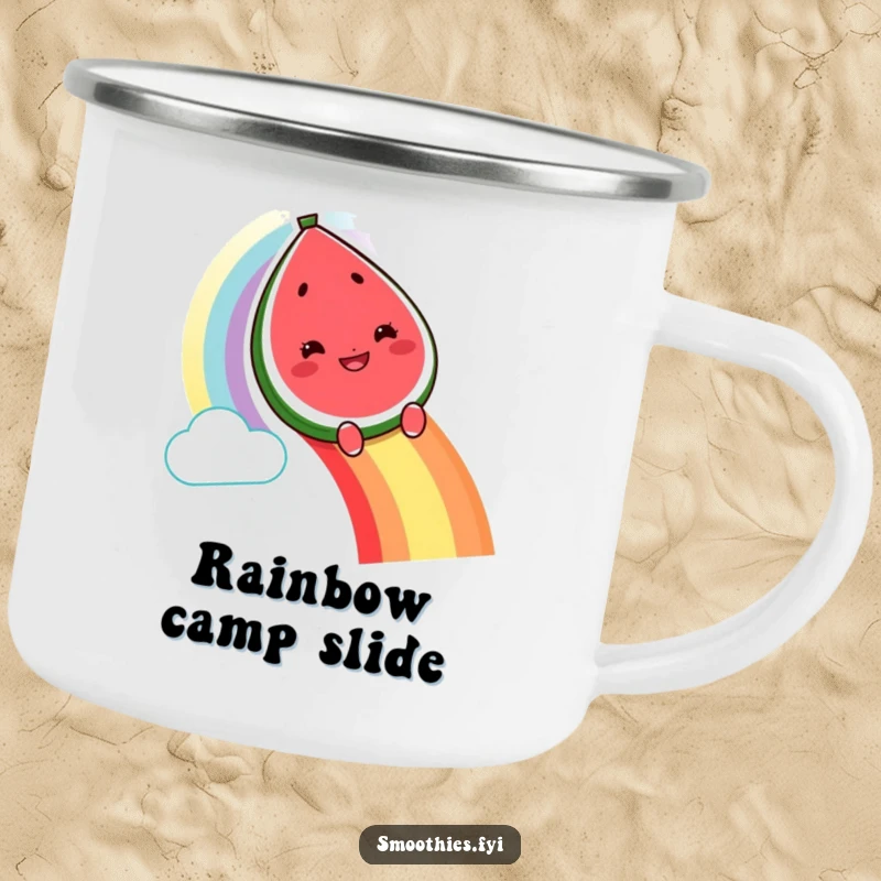 Funny grinning watermelon character camping mug sliding down a rainbow, sturdy and humorous outdoor gear.