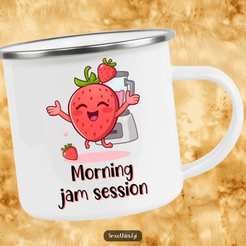Funny strawberry dancing with a blender in the background on a camping mug, perfect for cheerful outdoor drinks.