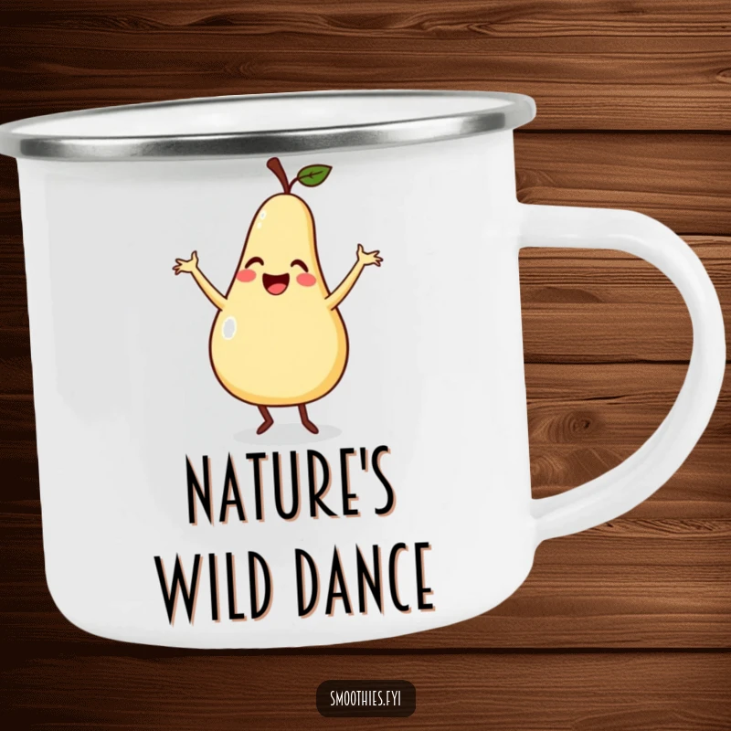 Funny camping mug featuring a smiling pear doing a silly dance with flailing arms, perfect for outdoor enthusiasts who love fruity humor.