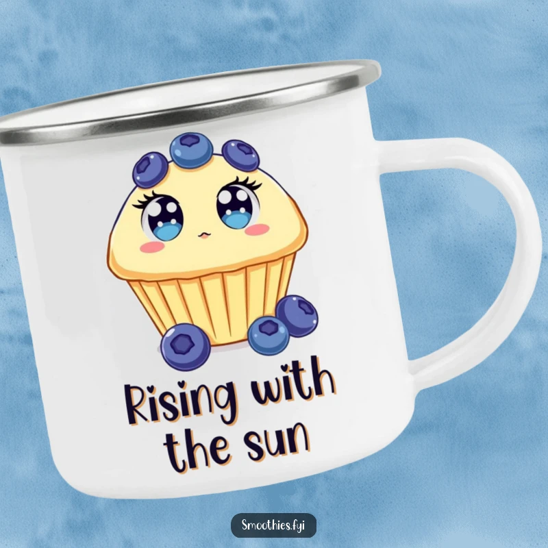 Funny Blueberry Muffin Camping Mug depicting a surprised muffin with wide eyes, floating upwards, perfect for outdoors.