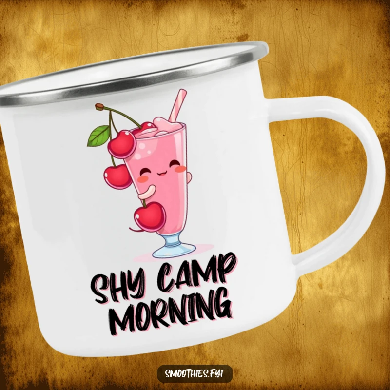Funny shy cherry character blushing while pouring into a glass, perfect for outdoor enjoyment on this camping mug.