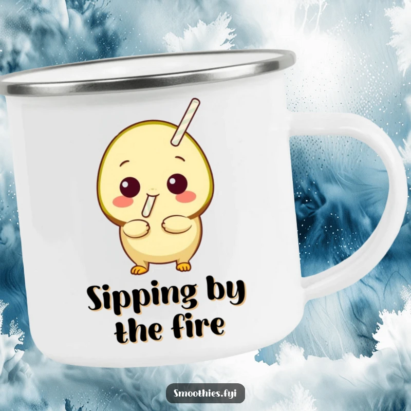 Funny playful kiwi with a straw sticking out, ready to sip, on a camping mug, perfect for humorous outdoor hydration.