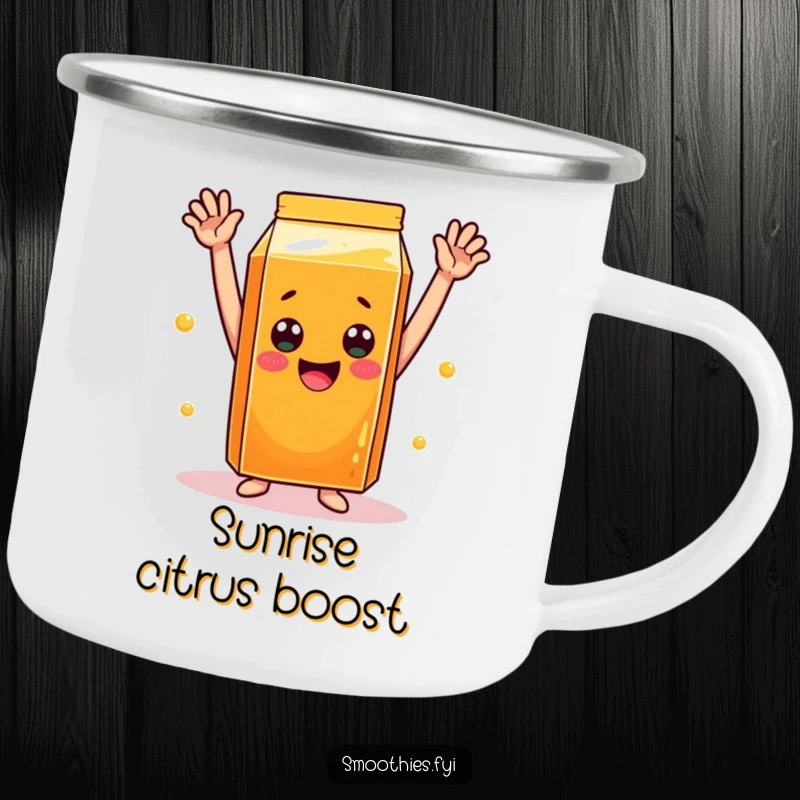 Funny orange juice carton camping mug with arms raised in celebration, perfect for cheerful outdoor sipping.