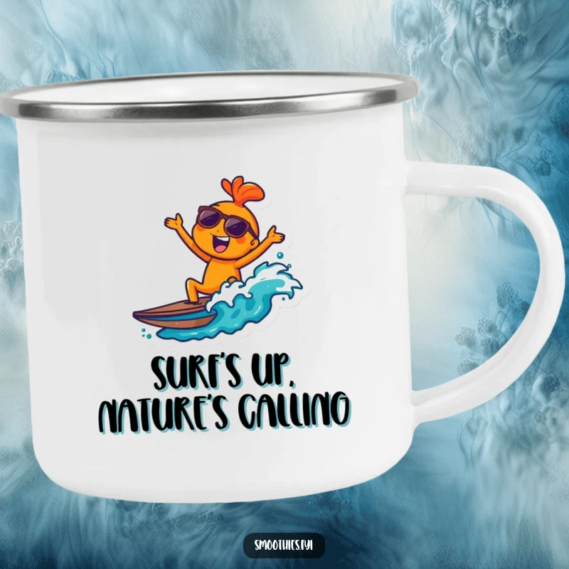 Funny orange character with sunglasses surfing a wave on a rugged camping mug, perfect for humorous outdoor trips.
