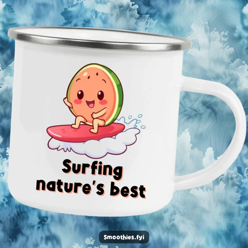 Funny camping mug featuring a cheerful watermelon slice surfing on a jelly wave, perfect for outdoor enthusiasts who love summer humor.