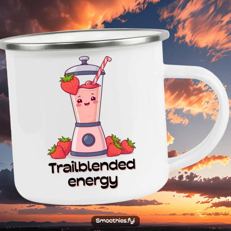 Funny strawberry smoothie character on a sturdy enamel camping mug, perfect for outdoor drinks. A humorous and practical gift.