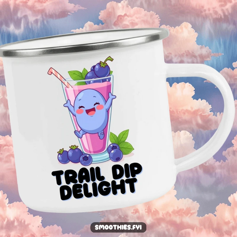 Funny plump blueberry character leaping into a smoothie glass, ready for adventure on a camping mug.