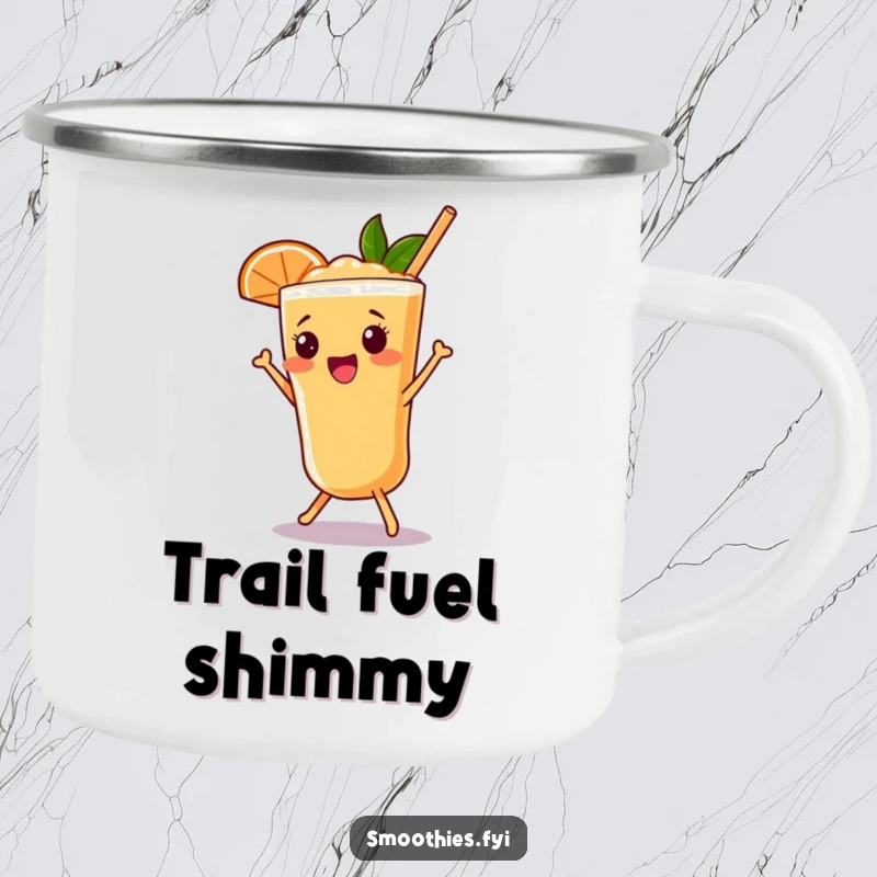 Funny grapefruit smoothie camping mug with a beaming character doing a lively shimmy, ideal for outdoors.