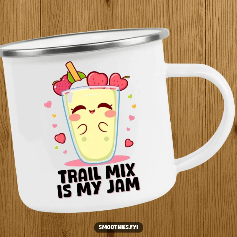 Funny Kawaii smoothie camping mug, character in a spirited fruity delight spin, rugged and humorous for outdoor use.