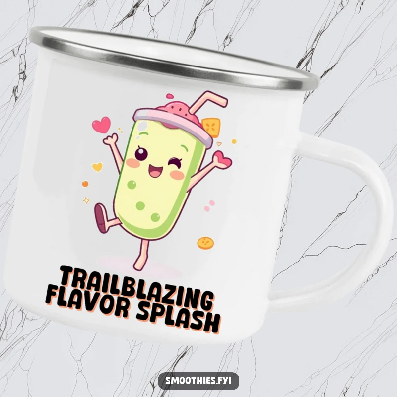 Funny Kawaii smoothie camping mug, character doing a cartwheel with a splash of flavor, robust and humorous for outdoors.