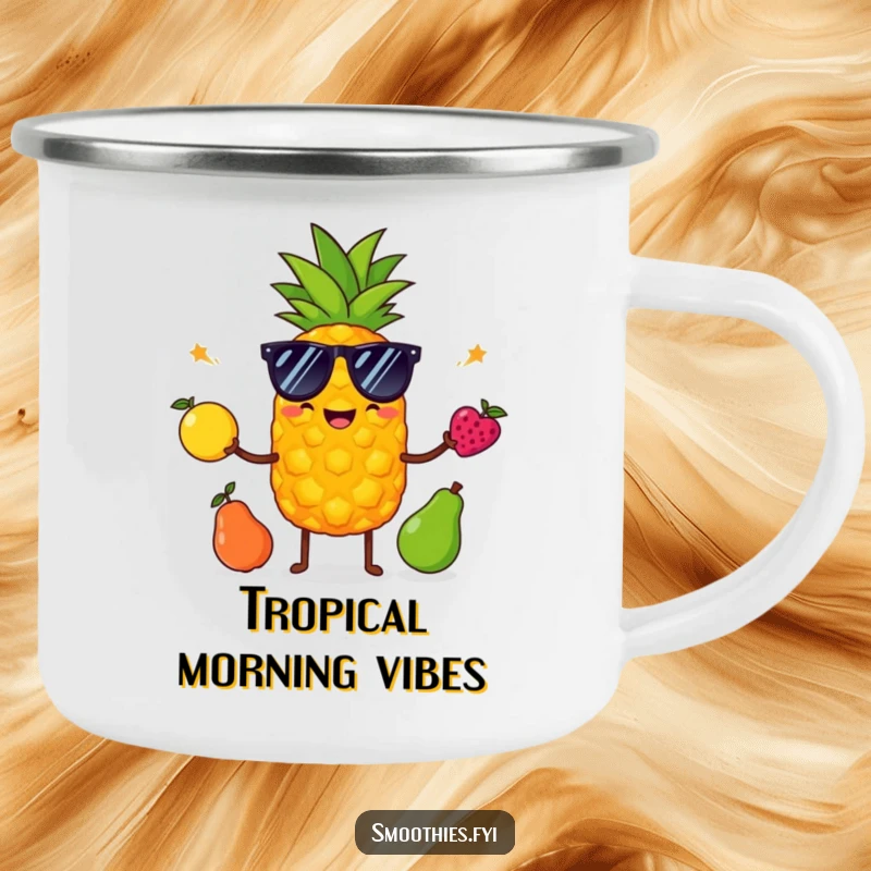 Funny pineapple in sunglasses juggles fruit on a rugged camping mug, ideal for outdoor enthusiasts seeking humor.