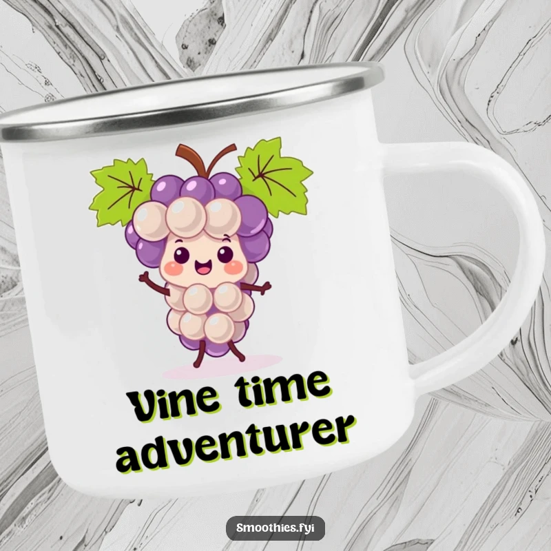 Funny kawaii grape bunch camping mug, cheerfully jigging in an outdoor setting, a humorous and rugged companion.