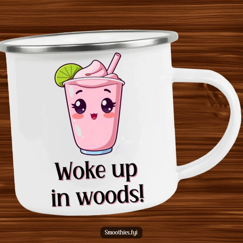 Funny camping mug with a surprised kawaii smoothie character, wide-eyed and popping from a cup, perfect for humorous outdoor enjoyment.