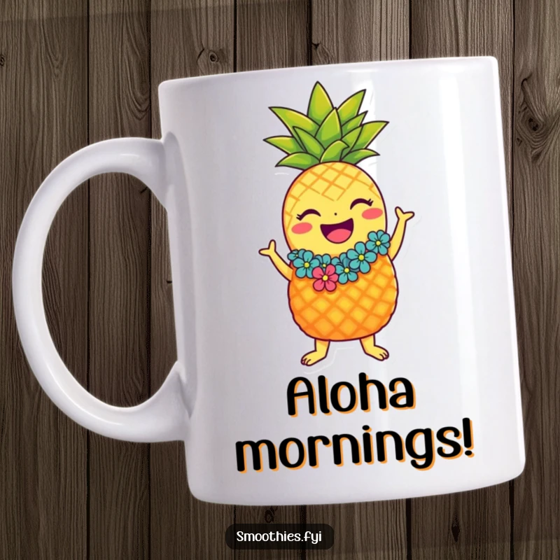 Funny laughing pineapple character mug with lei doing the hula, joyful and tropical fruit cartoon.