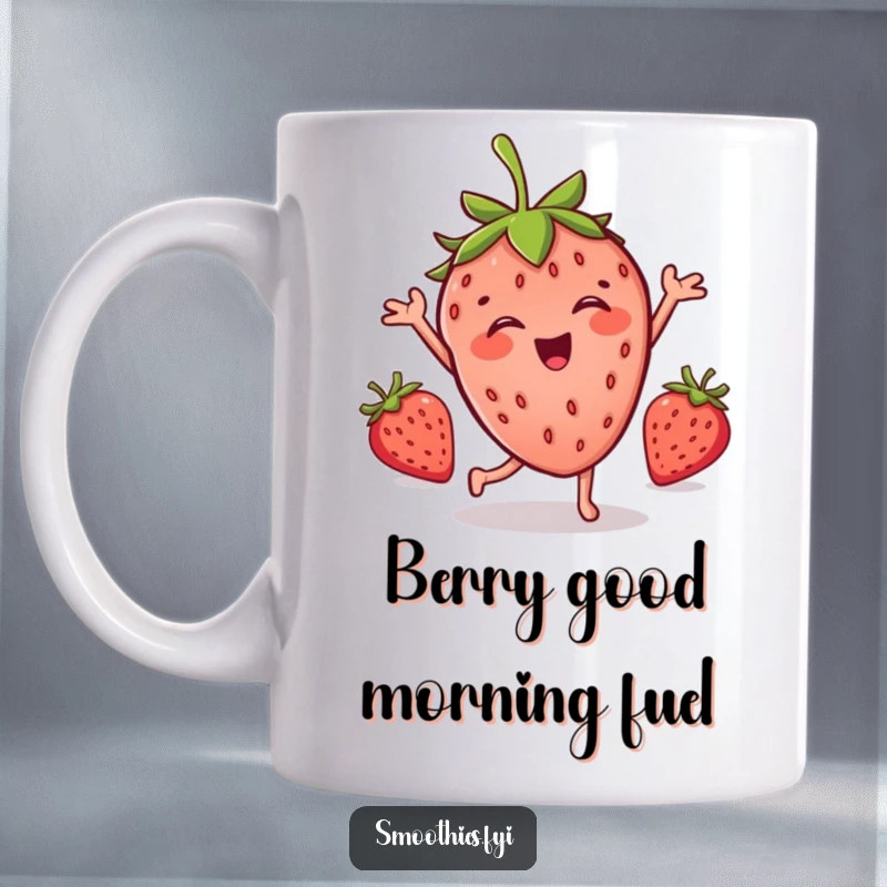 Funny mug featuring a joyful anthropomorphic strawberry character doing a hilarious, silly dance with a big smile.
