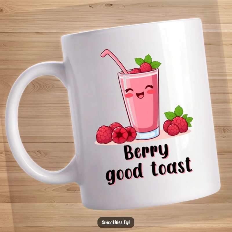 Funny raspberry smoothie mug featuring a contented character raising a glass in celebration, conveying satisfaction.