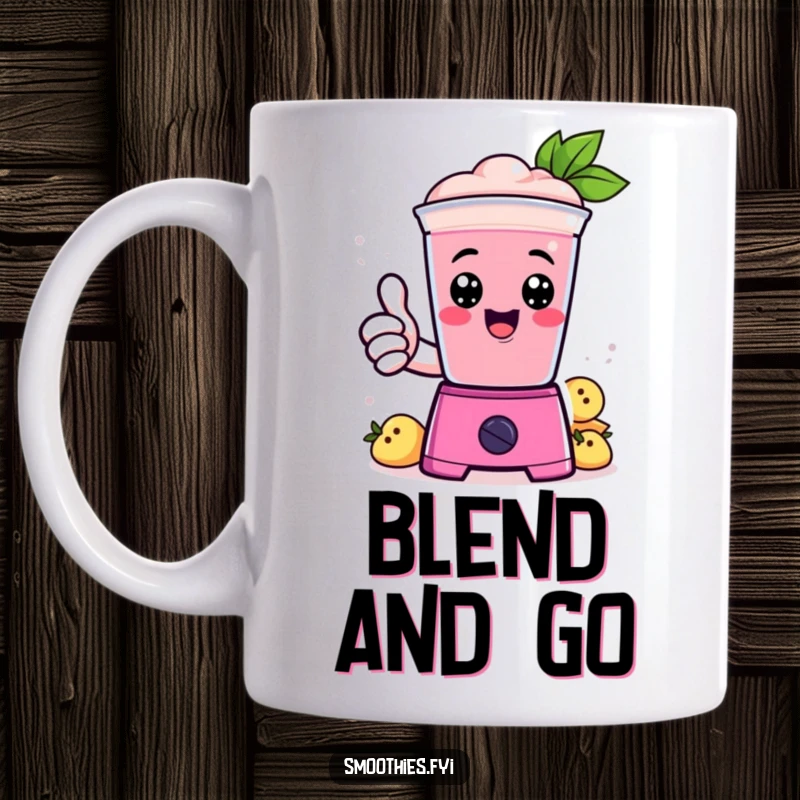 Funny Mug: A happy Kawaii smoothie character gives a thumbs up from inside a blender, looking cheerful.
