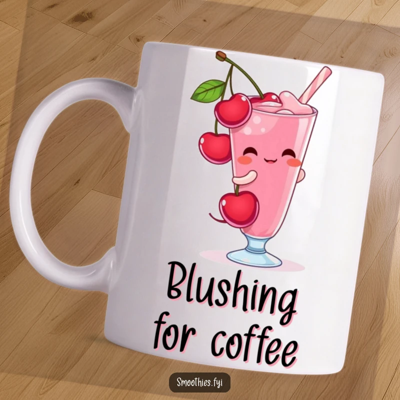 Funny shy cherry character blushing deeply while pouring itself into a tall smoothie glass, captured on this mug.