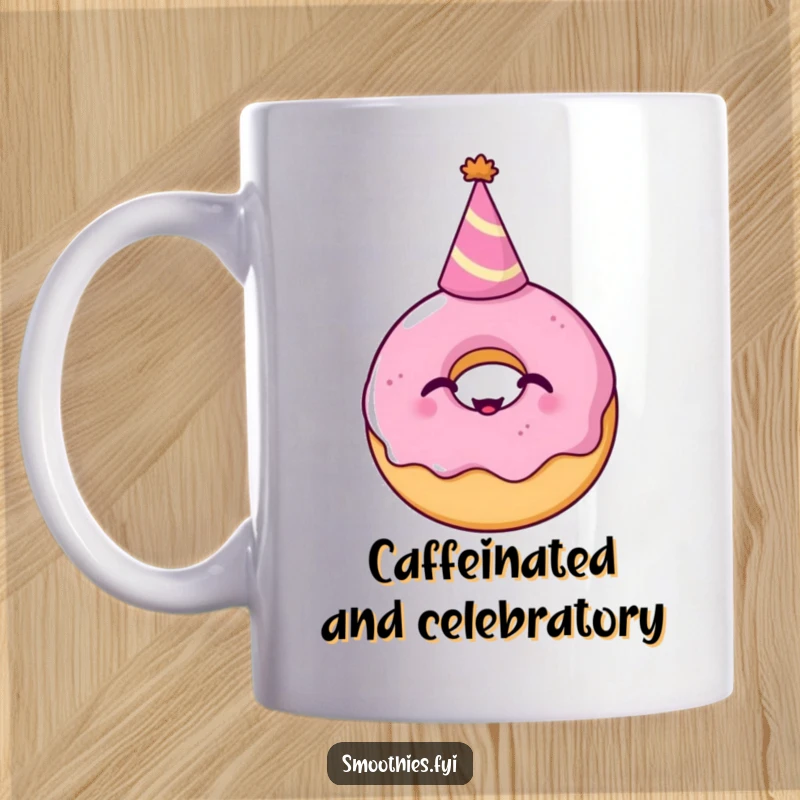 Funny Mug: A delightful donut wearing a small party hat is captured mid-giggle, radiating pure, sugary happiness and festive fun.