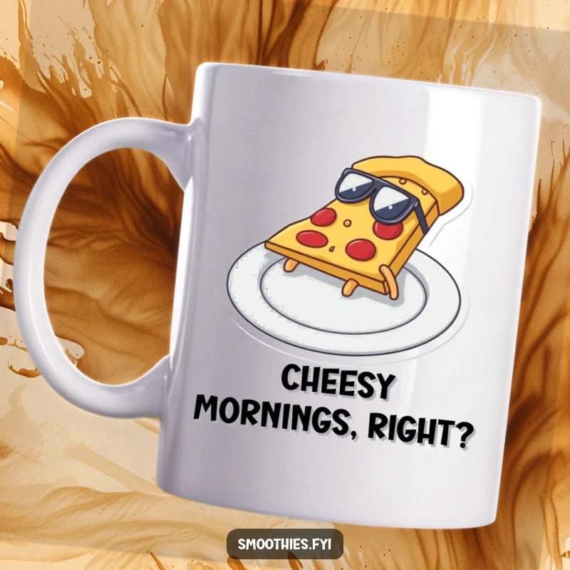 Funny pizza slice wearing sunglasses doing a cool slide across a plate, a humorous and stylish mug design.