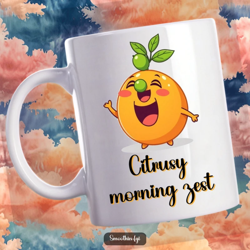 Funny mug showing an excited, happy orange character perfectly balancing a small lime on its nose with a smile.