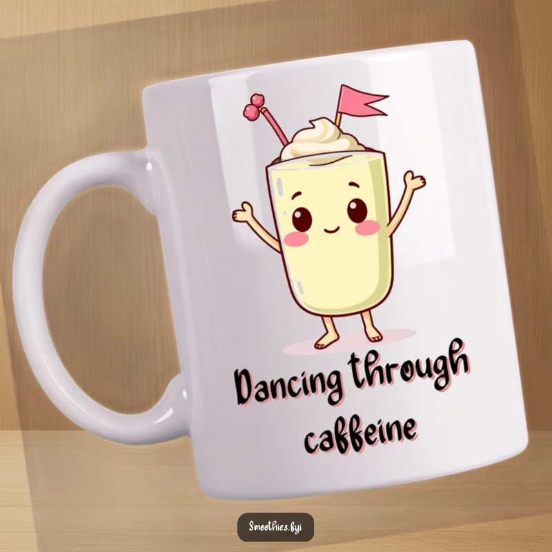 Funny mug with a dancing kawaii smoothie character waving a tiny flag from the top, embodying cheerful celebration and humorous joy.