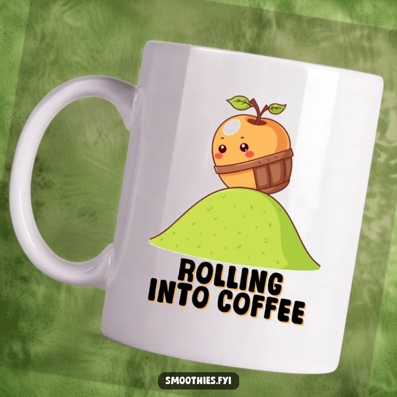 Funny kawaii apple mug showing an apple rolling down a hill in a miniature barrel, perfect for fruit lovers.