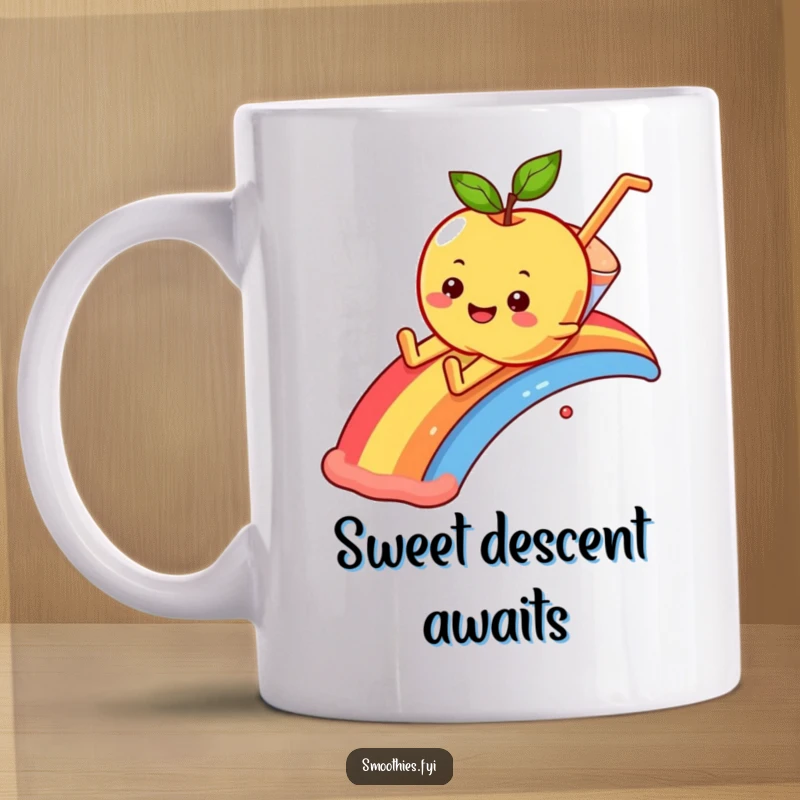 Funny smiling apple character playfully sliding down a rainbow into a smoothie on a mug.