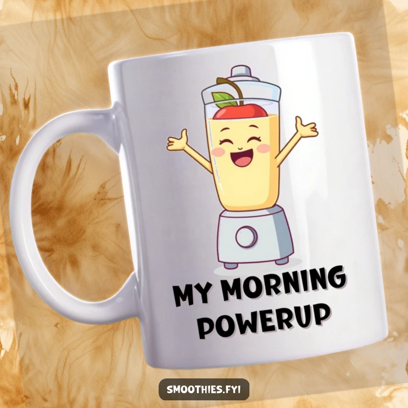 Funny apple smoothie character gleefully jumping inside a blender, a vibrant and humorous gift for any kitchen.