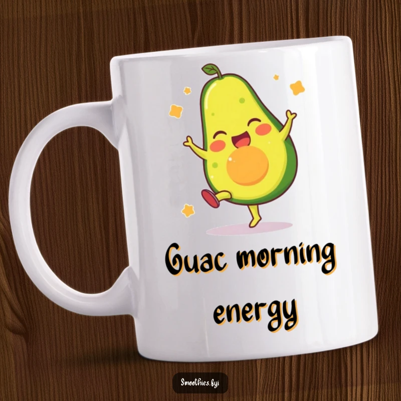 Funny mug showcasing a gleeful anthropomorphic avocado character executing a perfect, energetic high kick with a smile.