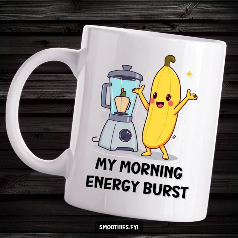Funny banana character in a dramatic disco pose next to a blender, ready to party on a mug.
