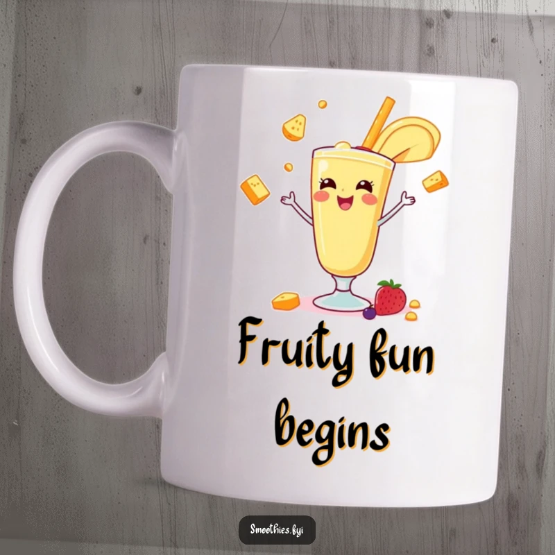 Funny banana smoothie character skillfully juggling small fruits on a mug, showcasing cheerful entertainment. A humorous gift.