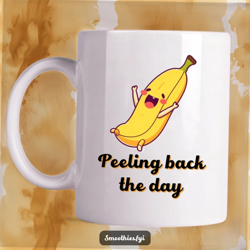 Funny mug showing a thrilled anthropomorphic banana character performing a cheerful somersault with a big grin.