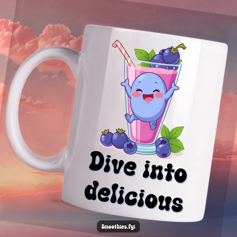 Funny plump blueberry character delightedly leaping into a giant smoothie glass on a mug.