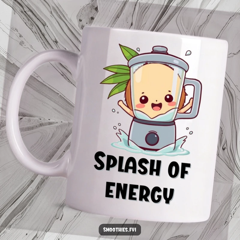 Funny playful coconut character gleefully splashing into a blender, capturing pure excitement on this mug.