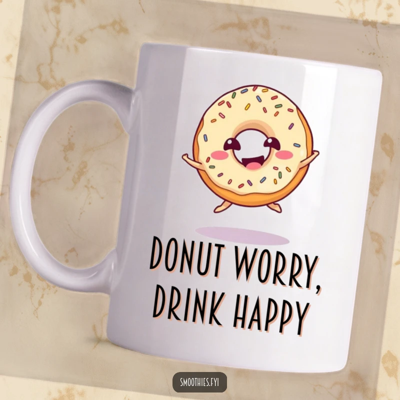 Funny donut mug with sprinkles doing a playful jump and giggling, radiating sweet and cheerful energy.