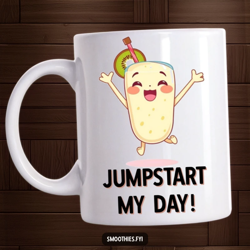 Funny mug showcasing an excited kiwi smoothie character jumping with pure glee, capturing a sense of boundless energy and happiness.