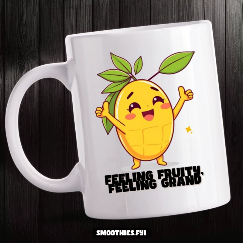 Funny gleeful mango character striking a triumphant pose on a celebratory mug, radiating success and joy.