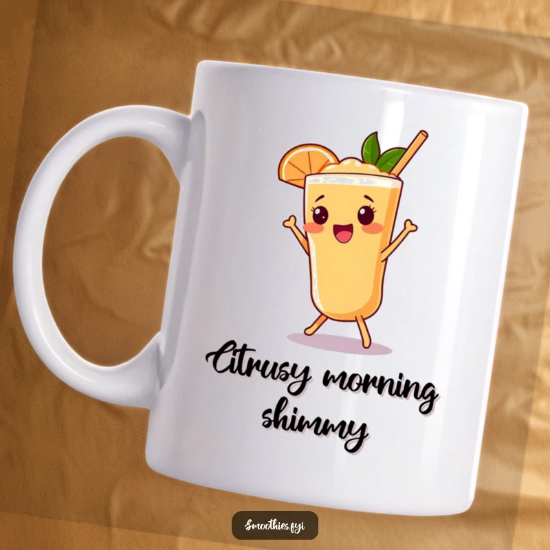 Funny grapefruit smoothie mug featuring a beaming character doing a joyful shimmy, perfect for a laugh.