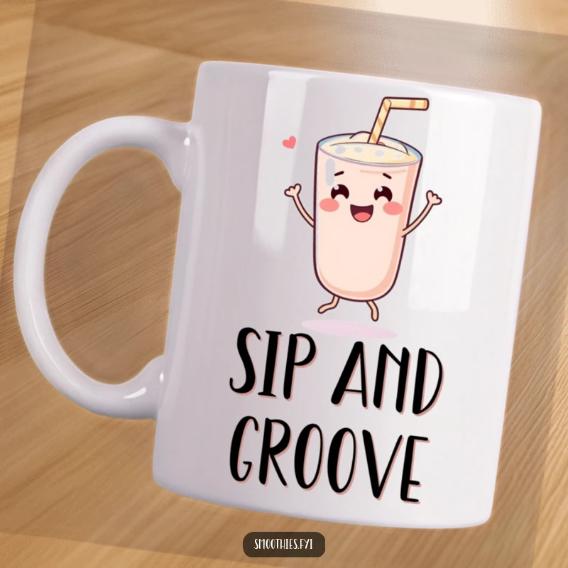 Funny cheerful Kawaii smoothie character with a straw doing a joyful, energetic dance, radiating happiness on a colorful mug.