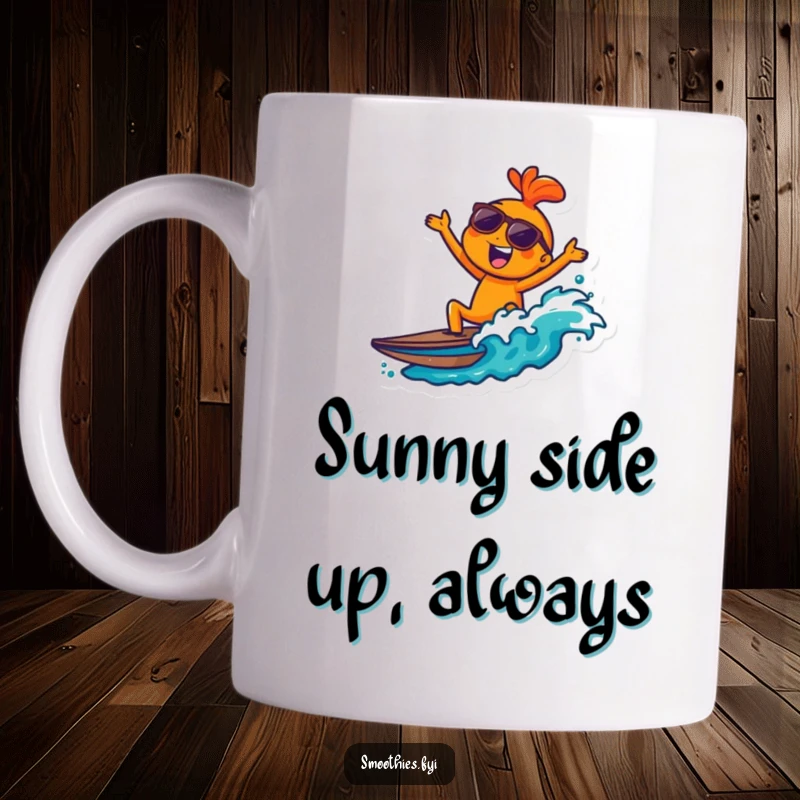 Funny joyful orange character wearing sunglasses, riding a wave with a smile, on a vibrant mug.