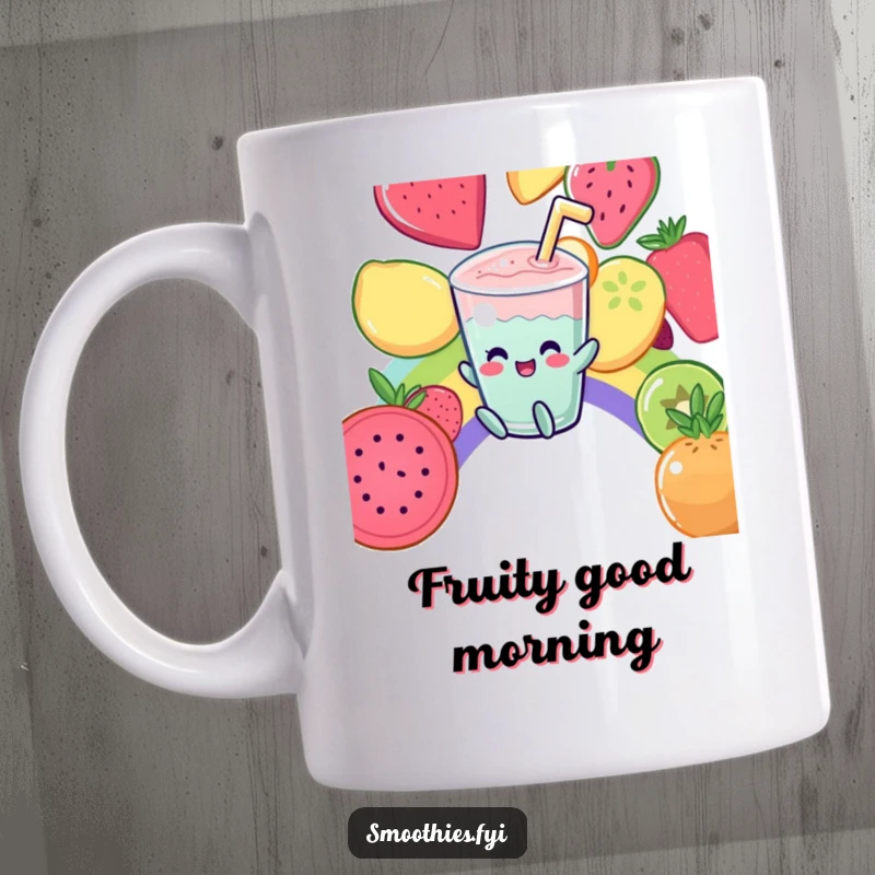 Funny Mug: A giggling Kawaii smoothie slides down a vibrant rainbow made of fruit, looking thrilled.