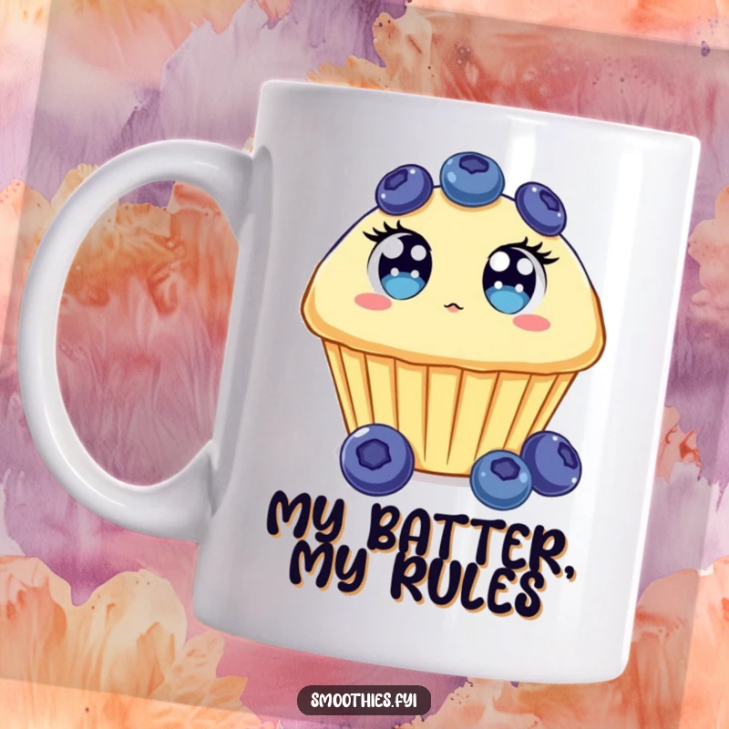 Funny Blueberry Muffin Mug featuring a surprised muffin with wide eyes seemingly floating upwards, capturing surprise.