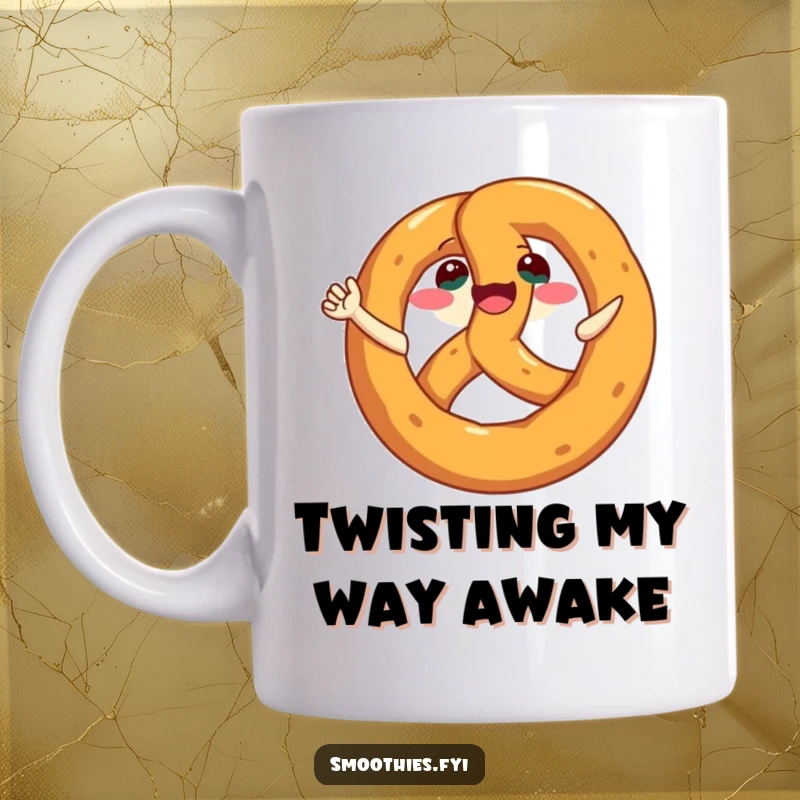 Funny Pretzel Mug featuring a cheerful pretzel character with a wide grin, joyfully spinning around, perfect for gifting.