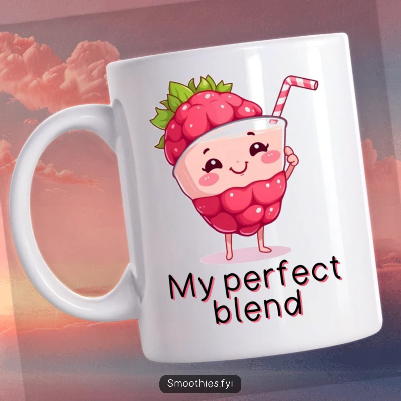 Funny proud raspberry with a satisfied grin holds up a frothy smoothie on a mug, embodying accomplishment and deliciousness.