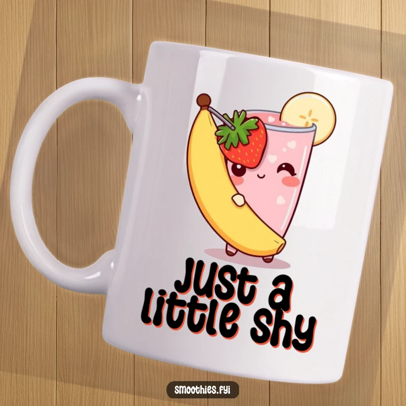 Funny shy strawberry smoothie mug featuring a cute berry smoothie peeking from behind a banana slice, looking bashful and adorable.