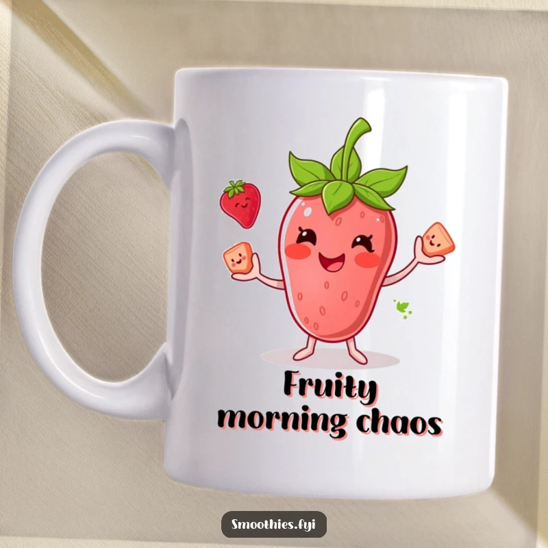 Funny mug with a smiling anthropomorphic strawberry smoothie juggling three smaller fruit chunks, showcasing playful dexterity and vibrant energy.