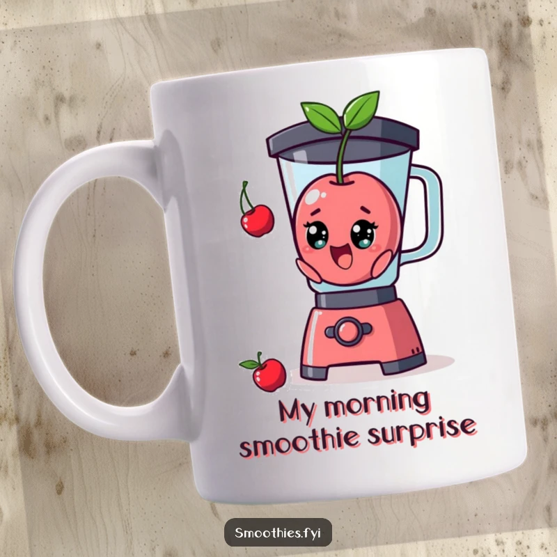 Funny cherry character comically popping out of a blender on a white ceramic mug, expressing surprise and adding humor.