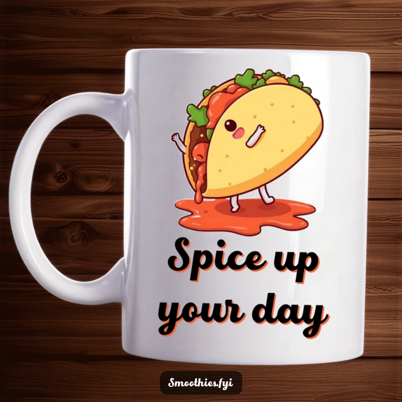 Funny taco character with tiny legs doing a cartwheel, salsa dripping mid-air, a humorous mug design.